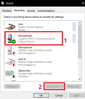microphone and choose the Set Default
