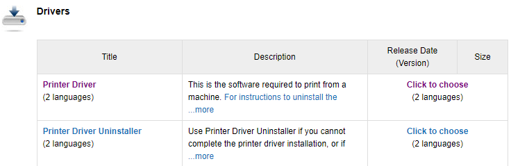 click on the Printer Driver link and choose your preferred language