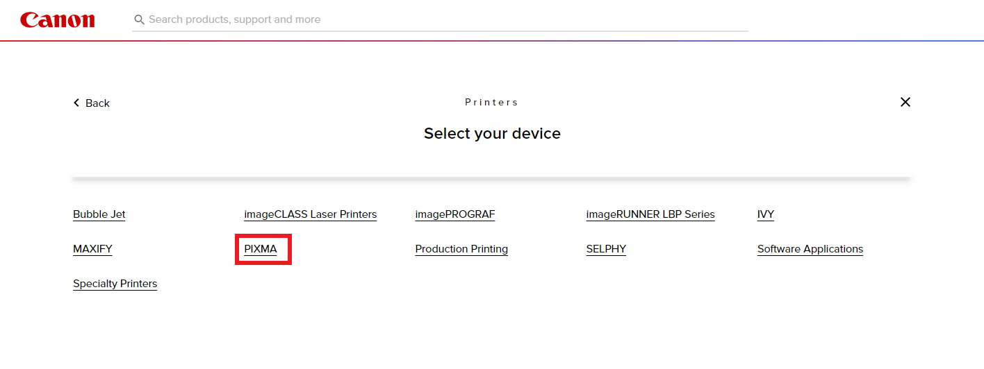 select the device and type pixma