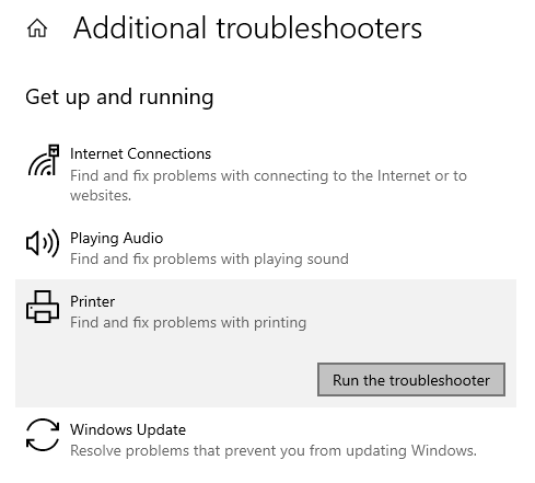 single-click on the Printers option and click on the Run the troubleshooter button