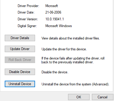 visit the Drivers tab and then, select the Uninstall device option